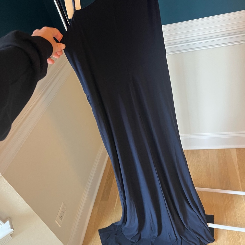 Mac Duggal One-Shoulder Draped Jersey Sheath Gown Navy - Picture 3 of 4